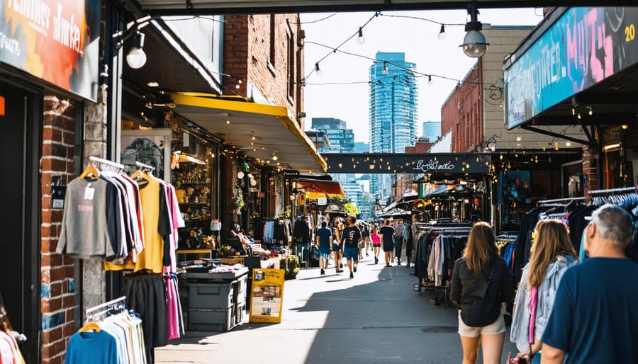 Bustling Kensington Market street scene with colorful storefronts and visitors