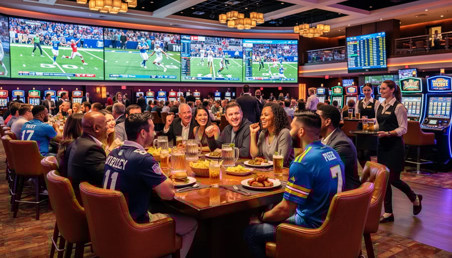 Group of friends celebrating and watching sports at casino sportsbook venue