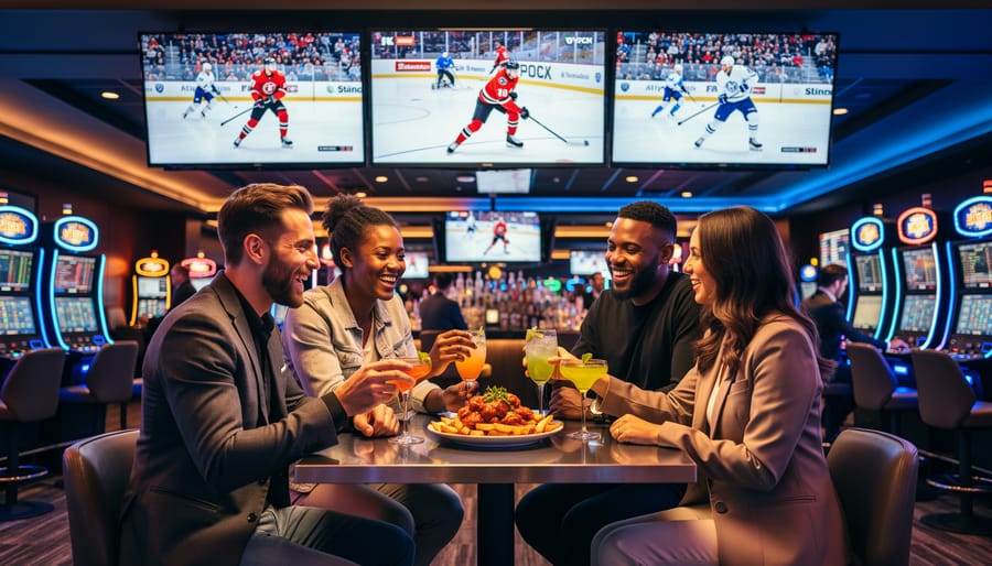 Friends at a high-top table in a Toronto casino sportsbook lounge sharing butter chicken poutine and cocktails, with large TV screens showing blurred sports action and softly glowing slot machines behind them.
