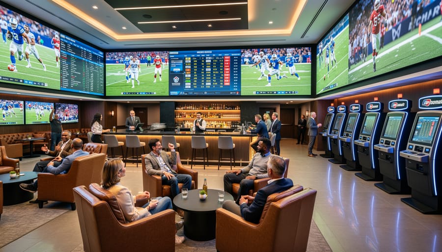 Interior of casino sportsbook lounge with large screens and comfortable seating areas